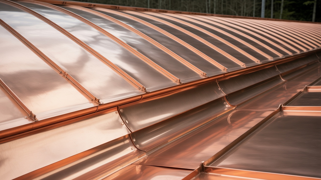 Close-up of Copper Art membrane with standing seam detail on the Tollymore barrel-vault roof