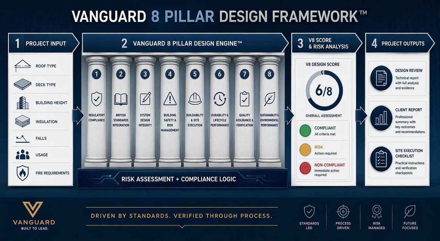 Vanguard 8 Pillar Design Framework diagram showing project input, design engine evaluation across 8 pillars, V8 score and risk analysis, and project outputs